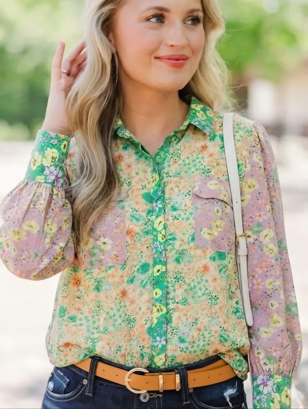 LOFT Floral Patchwork Puff Sleeve Blouse Size XS Petite